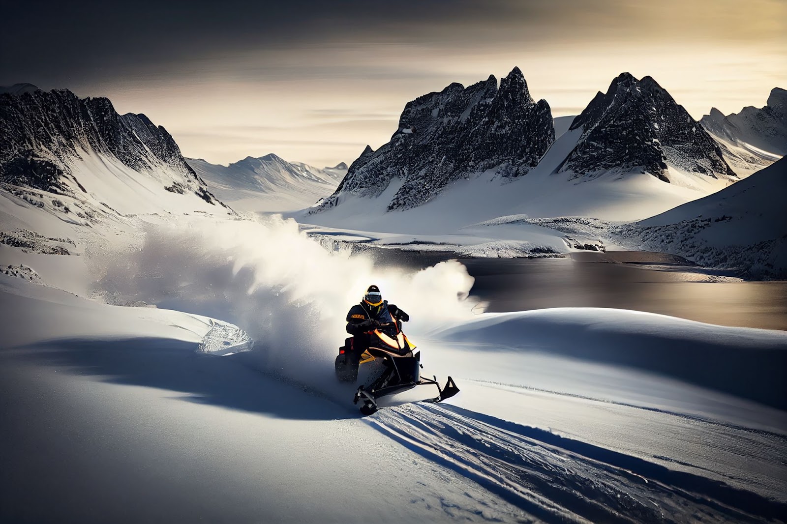 A man riding a snowmobile in the mountains