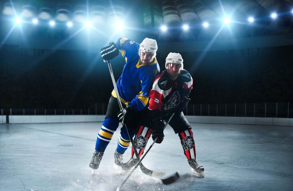 Two men are playing hockey