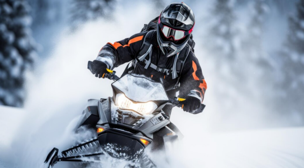 man in black and yellow suit and helmet on snowmobile in snowy forest