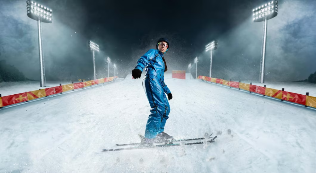 A man in a complete ski suit skiing on snow with side spotlights