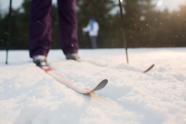 A picture of a snow-covered ski board up close