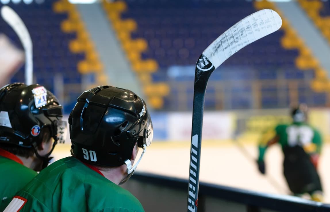 Two ice hockey players in focus with one holding up a stick against an arena seating backdrop