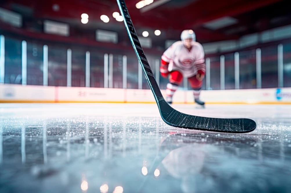 Close-up of a hockey stick on ice with a player in the background