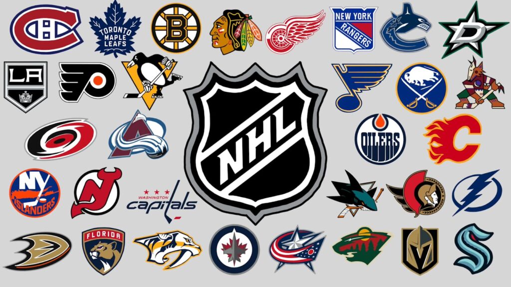 Collage of NHL team logos with the NHL shield in the center