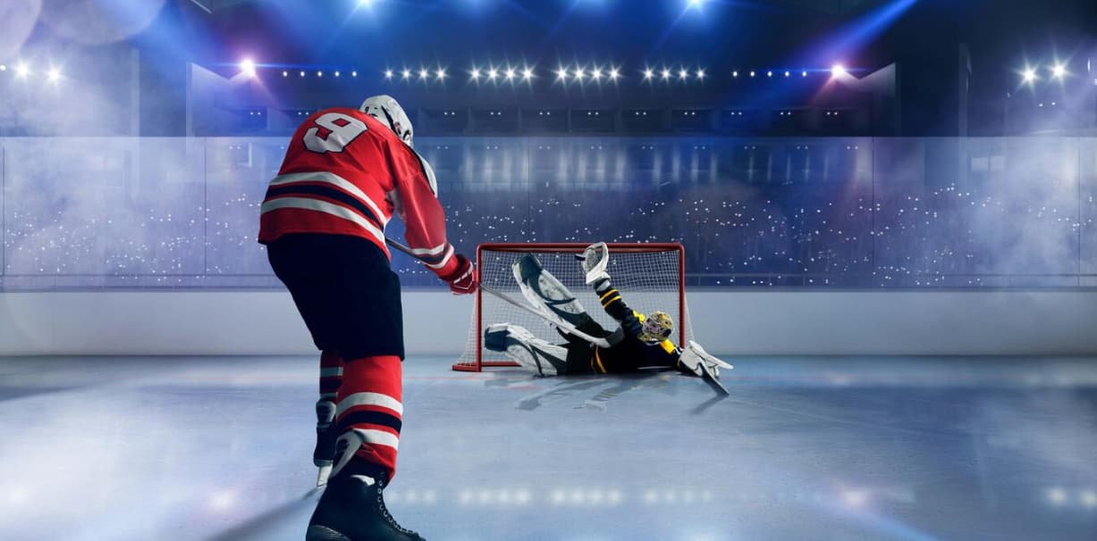 A hockey shooter in red faces off against a goalie at a net